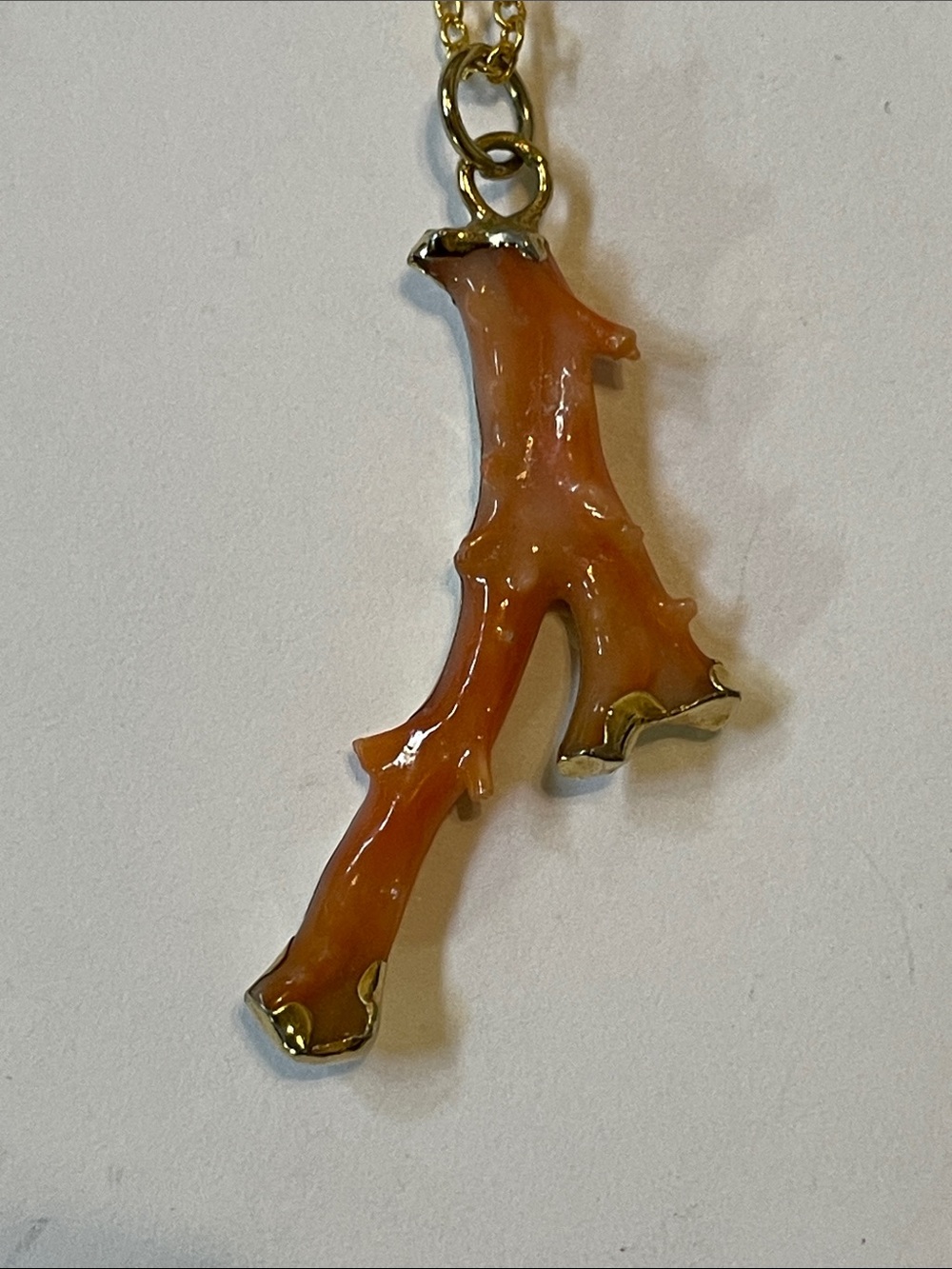 Coral Branch Pendant Necklace in Warm Orange with Gold plate Accents
